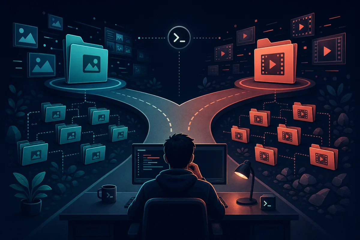Caminho conceitual de decisão que sai de um terminal local para um fluxo de galeria de imagens ou de vídeo