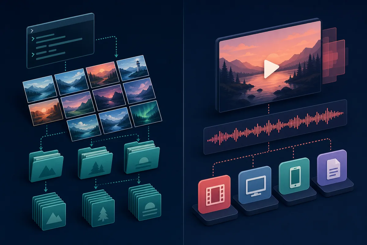 Ilustração conceitual que compara pastas de imagens de uma galeria com um fluxo de download de vídeo e áudio
