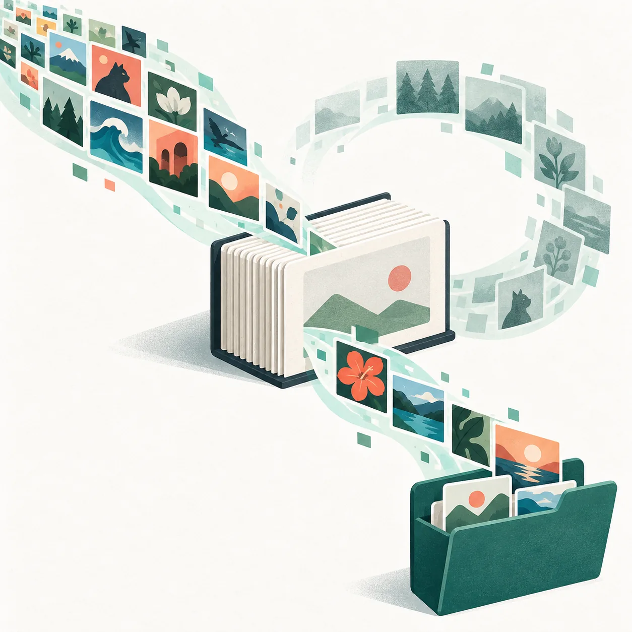 Editorial illustration of image items flowing past a persistent archive record toward a download folder