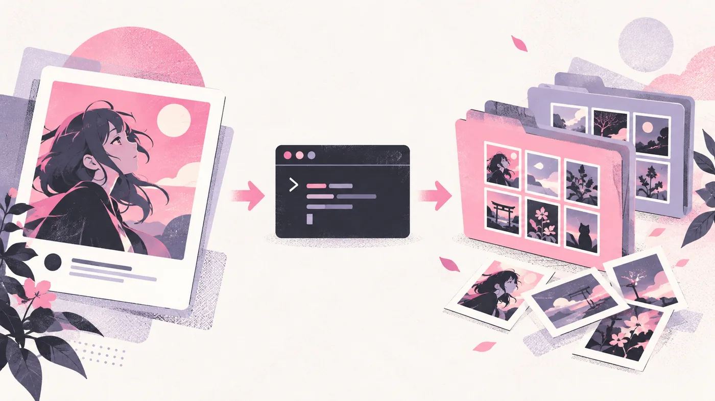 Illustration éditoriale d’une URL d’œuvre Pixiv passant par un flux gallery-dl local vers des dossiers organisés