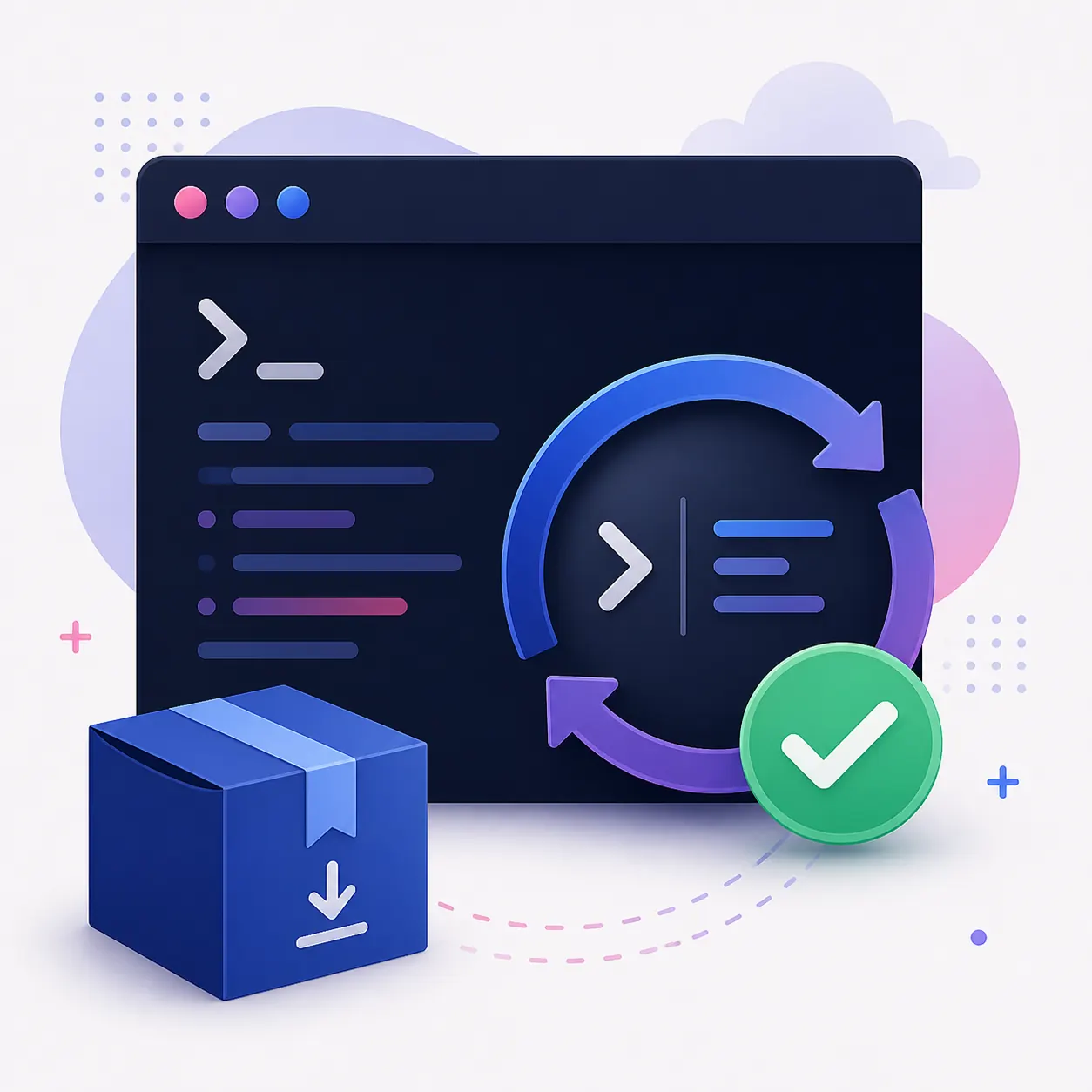 Editorial illustration of a command-line update with a package, circular arrows, and a green verification check