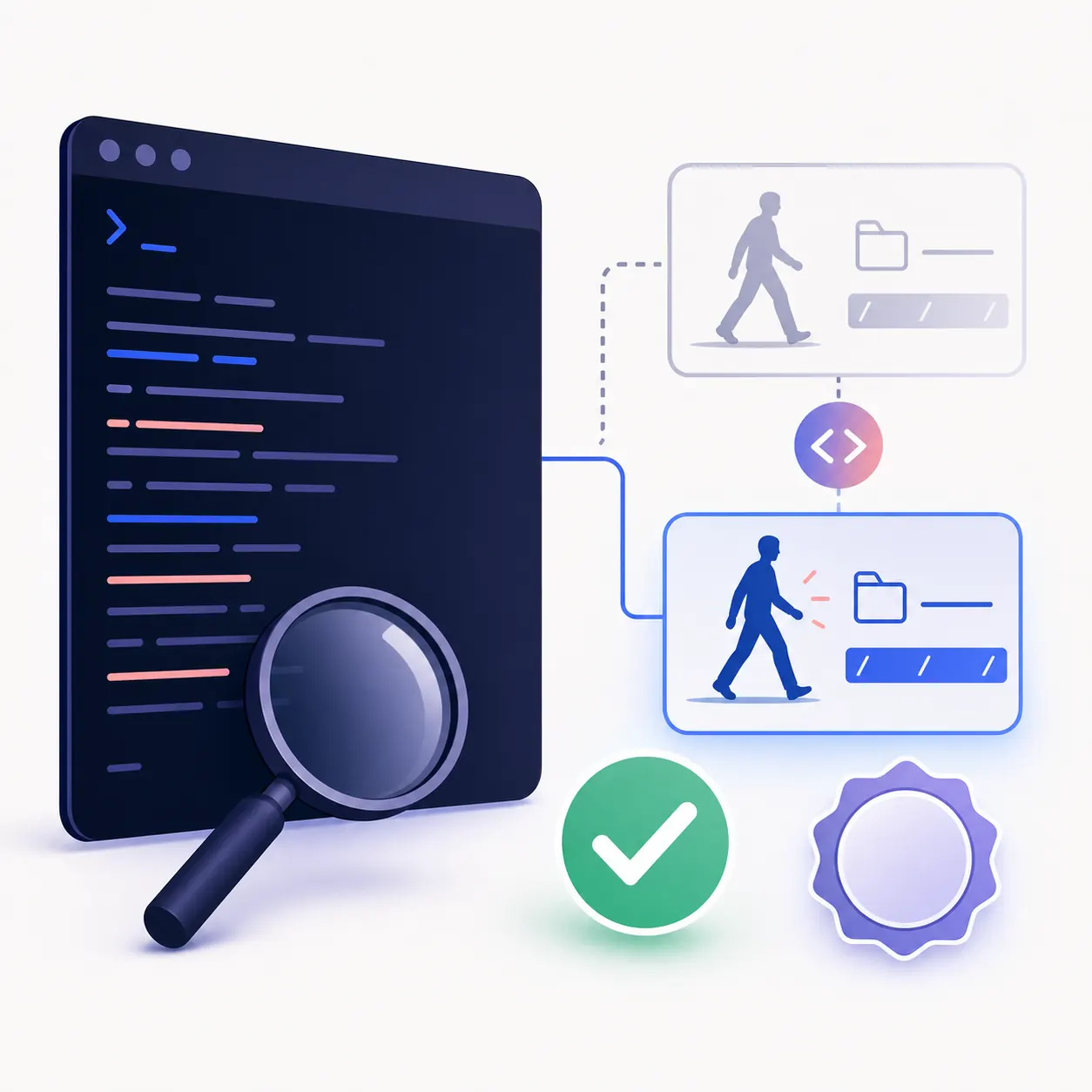 Editorial illustration of a terminal, path comparison, magnifying glass, and green update verification check